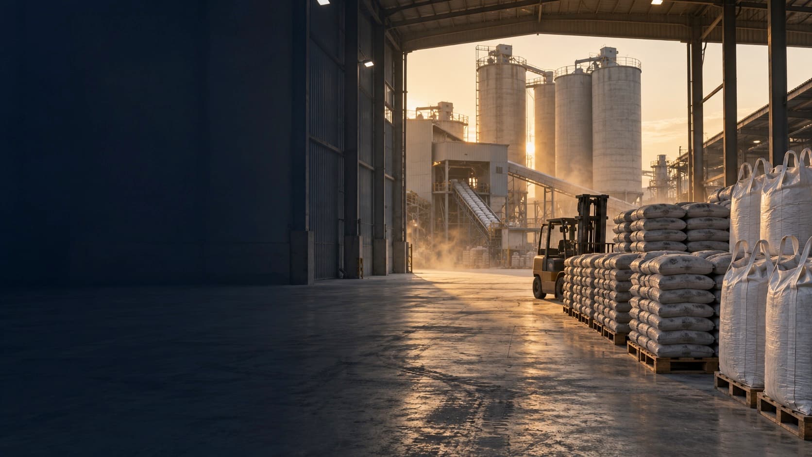 Pallets of bagged cement and jumbo bags in a cement plant warehouse, silos behind